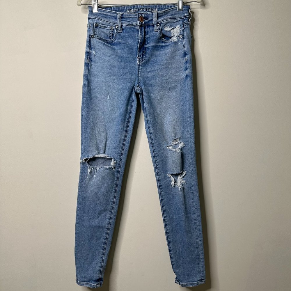 American Eagle Blue Distressed Hi-Rise Jegging Jeans Women's 4 Regular